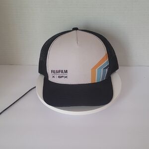 Fujifilm Trucker Cap in Cream and Black with Orange & Blue Accents